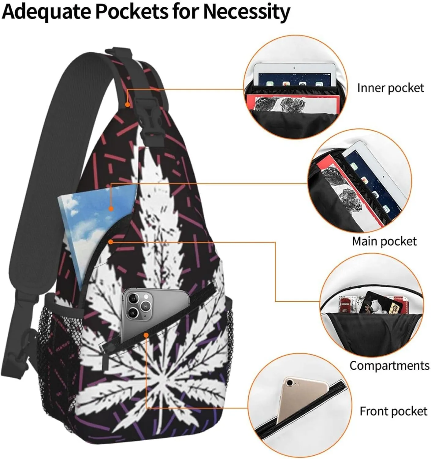 White Weed Leaf Crossbody Backpack For Men Women Sling Shoulder Dachshunds Dog Chest Bag Lightweight One Strap Multipurpose Travel Hiking Daypack