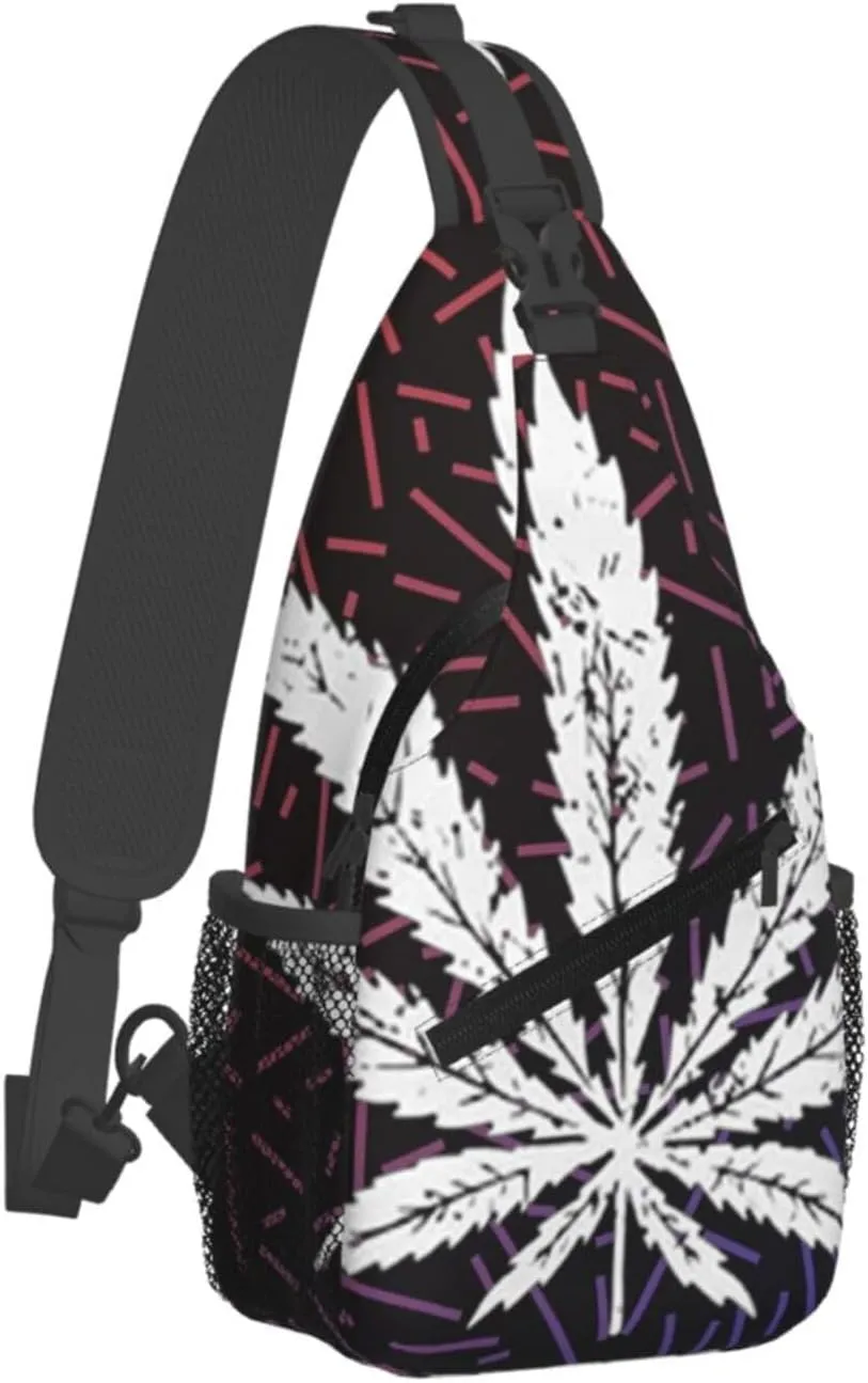 White Weed Leaf Crossbody Backpack For Men Women Sling Shoulder Dachshunds Dog Chest Bag Lightweight One Strap Multipurpose Travel Hiking Daypack