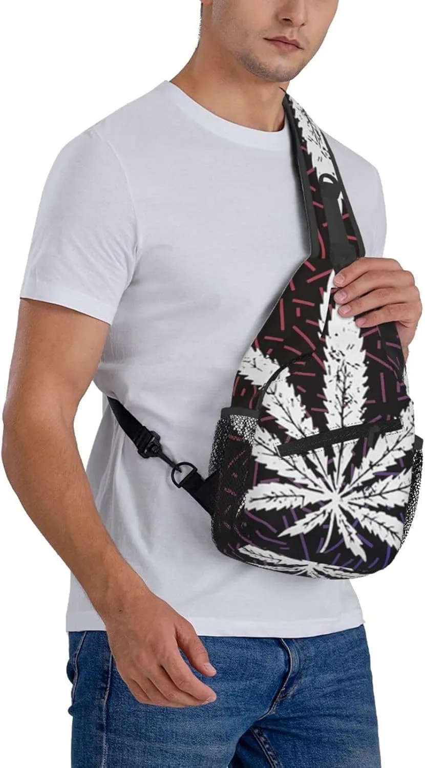 White Weed Leaf Crossbody Backpack For Men Women Sling Shoulder Dachshunds Dog Chest Bag Lightweight One Strap Multipurpose Travel Hiking Daypack