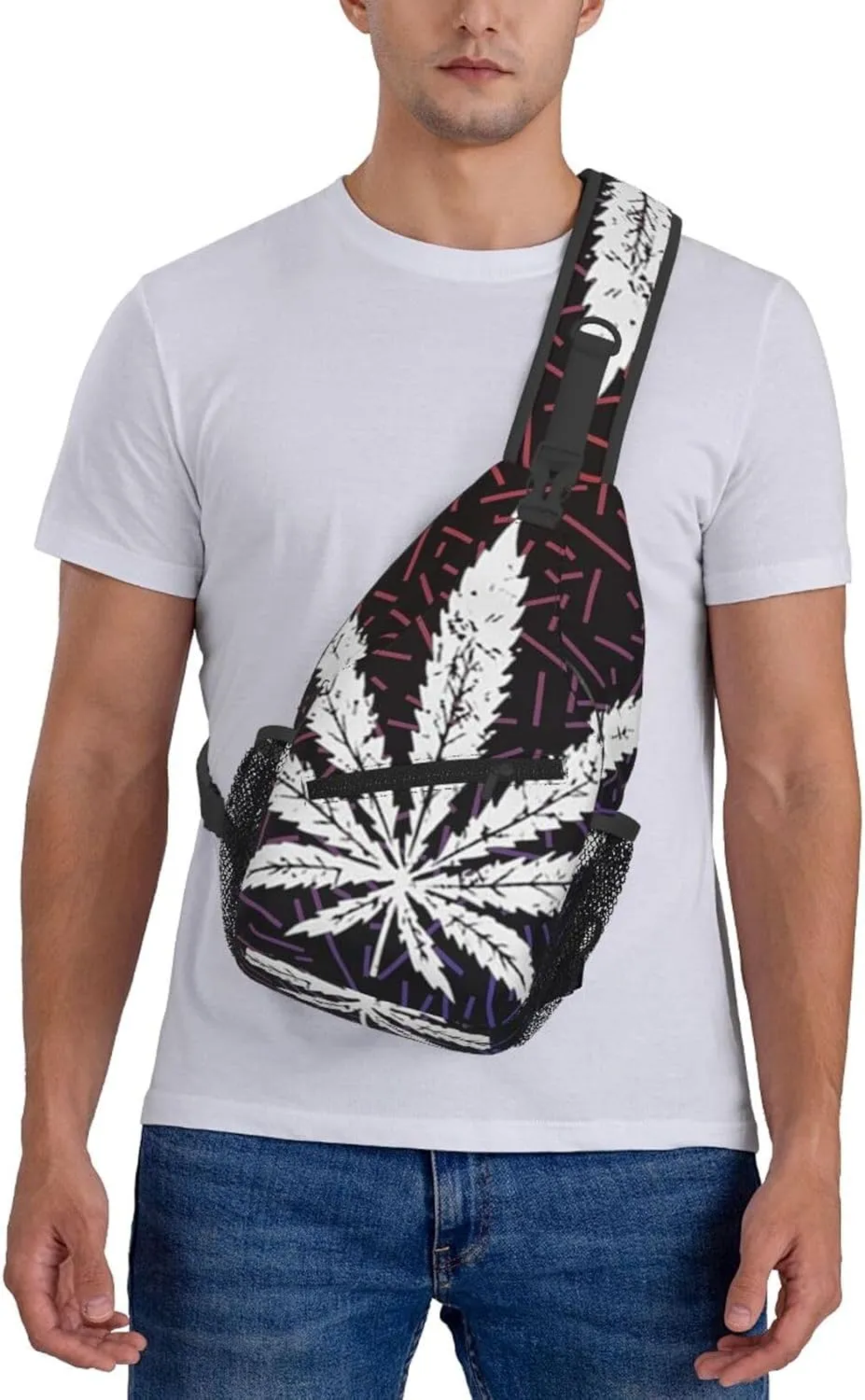 White Weed Leaf Crossbody Backpack For Men Women Sling Shoulder Dachshunds Dog Chest Bag Lightweight One Strap Multipurpose Travel Hiking Daypack