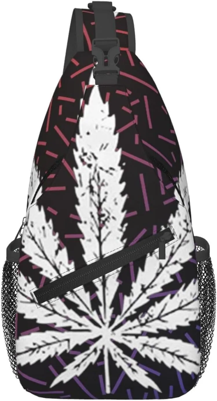 White Weed Leaf Crossbody Backpack For Men Women Sling Shoulder Dachshunds Dog Chest Bag Lightweight One Strap Multipurpose Travel Hiking Daypack