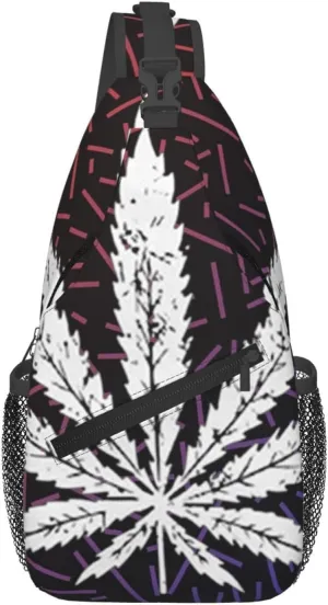 White Weed Leaf Crossbody Backpack For Men Women Sling Shoulder Dachshunds Dog Chest Bag Lightweight One Strap Multipurpose Travel Hiking Daypack