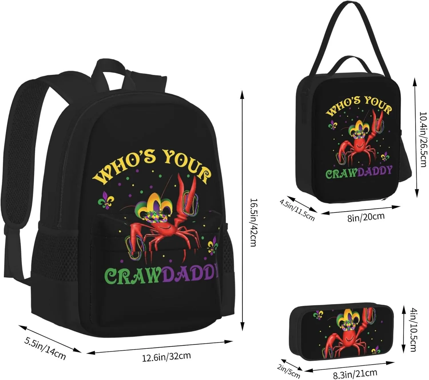 Who's Your Crawdaddy Mardi Gras Mask Beads Crawfish Multifunctional Pocket Backpack Crossbody Lunch Bag Pencil Case 3Pcs Set Large Capacity Backpack
