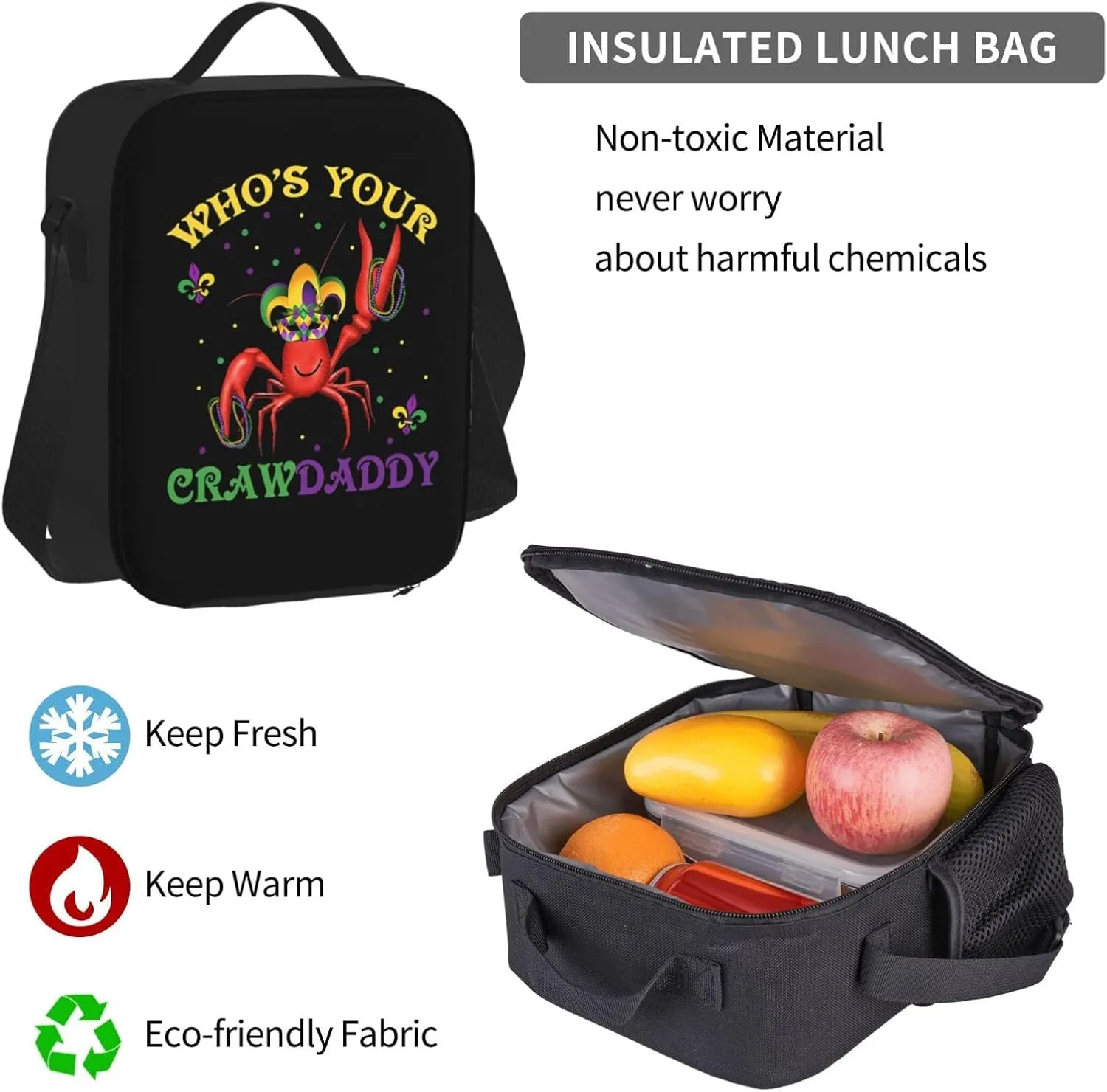 Who's Your Crawdaddy Mardi Gras Mask Beads Crawfish Multifunctional Pocket Backpack Crossbody Lunch Bag Pencil Case 3Pcs Set Large Capacity Backpack