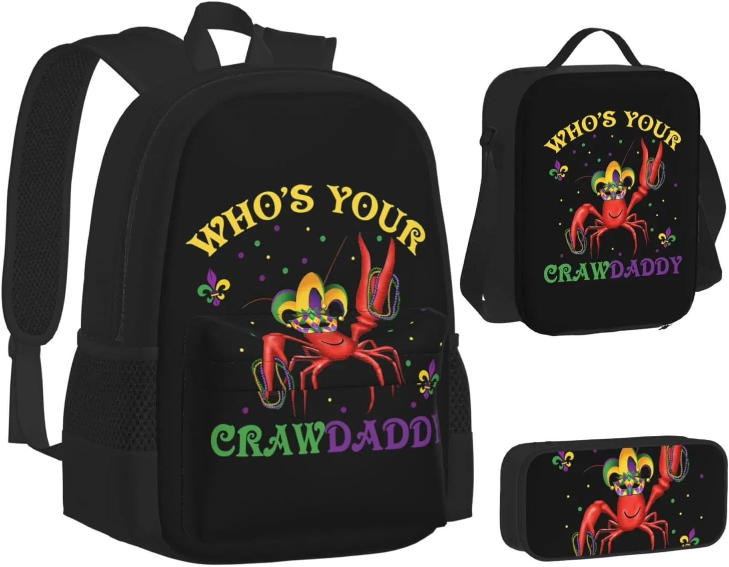 Who's Your Crawdaddy Mardi Gras Mask Beads Crawfish Multifunctional Pocket Backpack Crossbody Lunch Bag Pencil Case 3Pcs Set Large Capacity Backpack