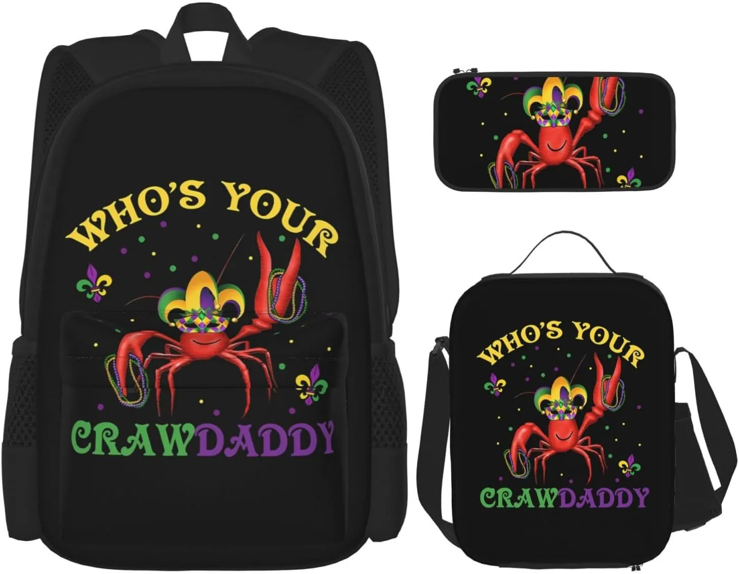 Who's Your Crawdaddy Mardi Gras Mask Beads Crawfish Multifunctional Pocket Backpack Crossbody Lunch Bag Pencil Case 3Pcs Set Large Capacity Backpack