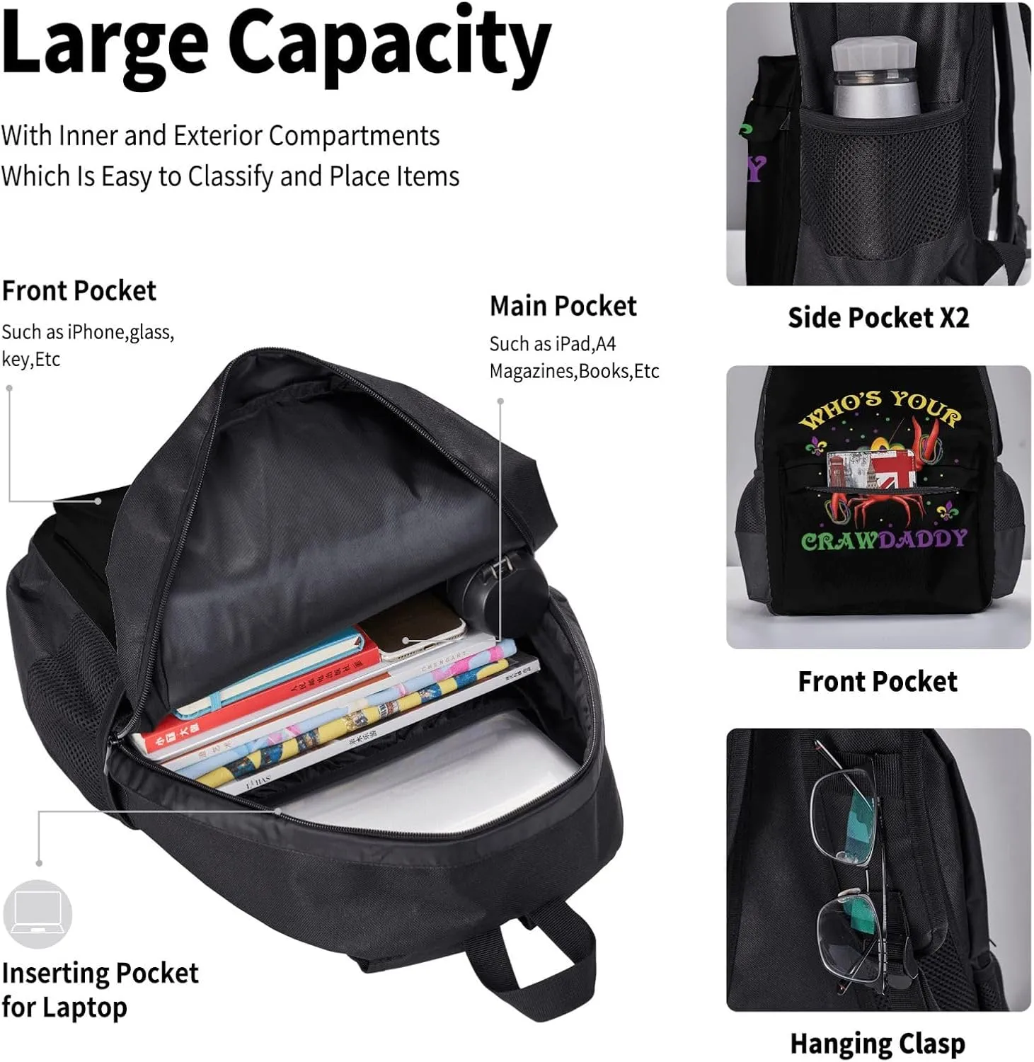 Who's Your Crawdaddy Mardi Gras Mask Beads Crawfish Multifunctional Pocket Backpack Crossbody Lunch Bag Pencil Case 3Pcs Set Large Capacity Backpack