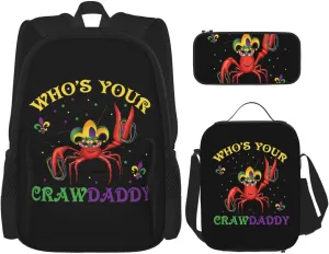 Who's Your Crawdaddy Mardi Gras Mask Beads Crawfish Multifunctional Pocket Backpack Crossbody Lunch Bag Pencil Case 3Pcs Set Large Capacity Backpack