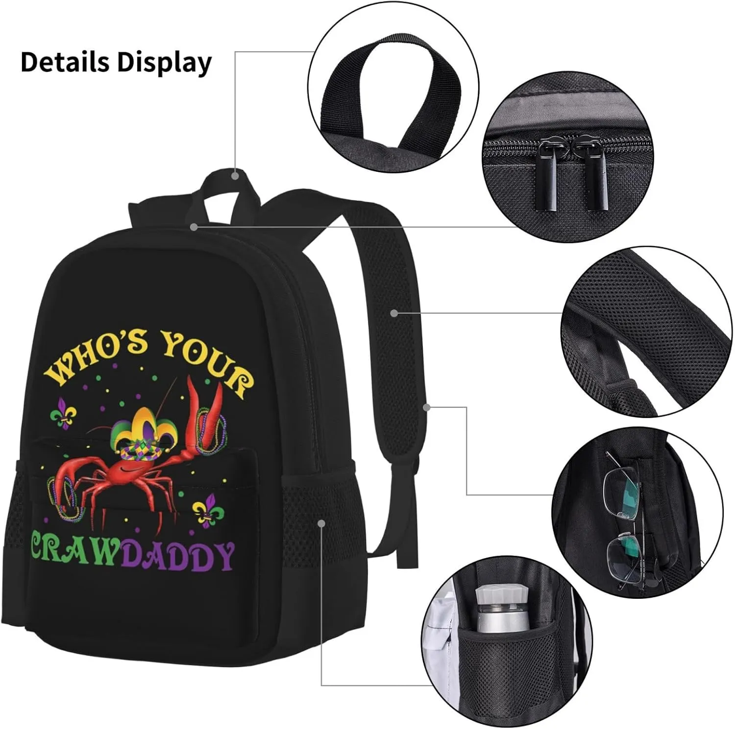 Who's Your Crawdaddy Mardi Gras Mask Beads Crawfish Multifunctional Pocket Backpack Crossbody Lunch Bag Pencil Case 3Pcs Set Large Capacity Backpack