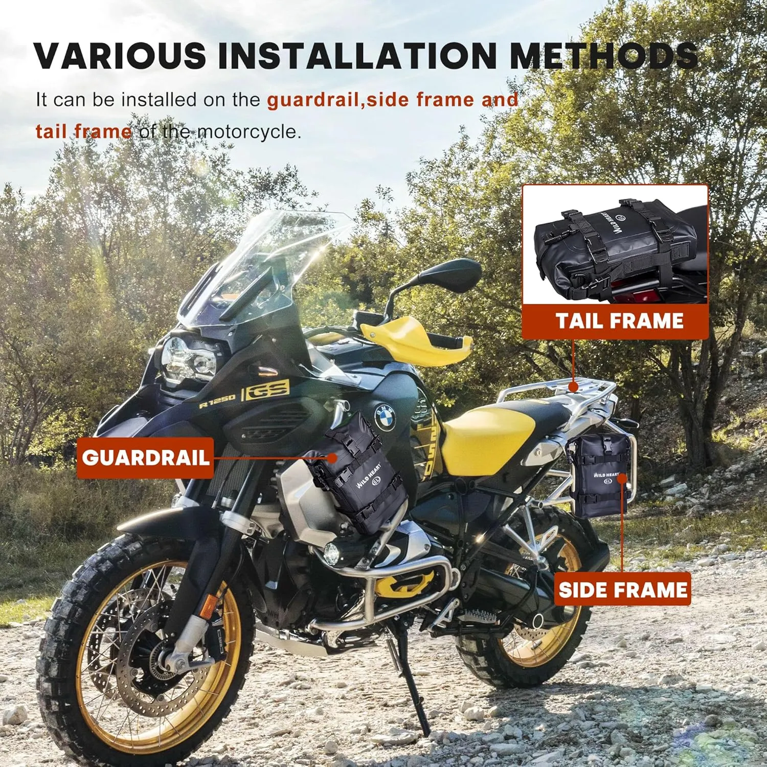 WILD HEART Waterproof Crash Bar Bags 6L/8L/15L Motorcycle Bag used as Motorcycle Luggage Sissy Bar Back Seat Saddle Rack Rear Fender Pouch Dirt Bike Gear Side Tool Bag Pack for moto ATV