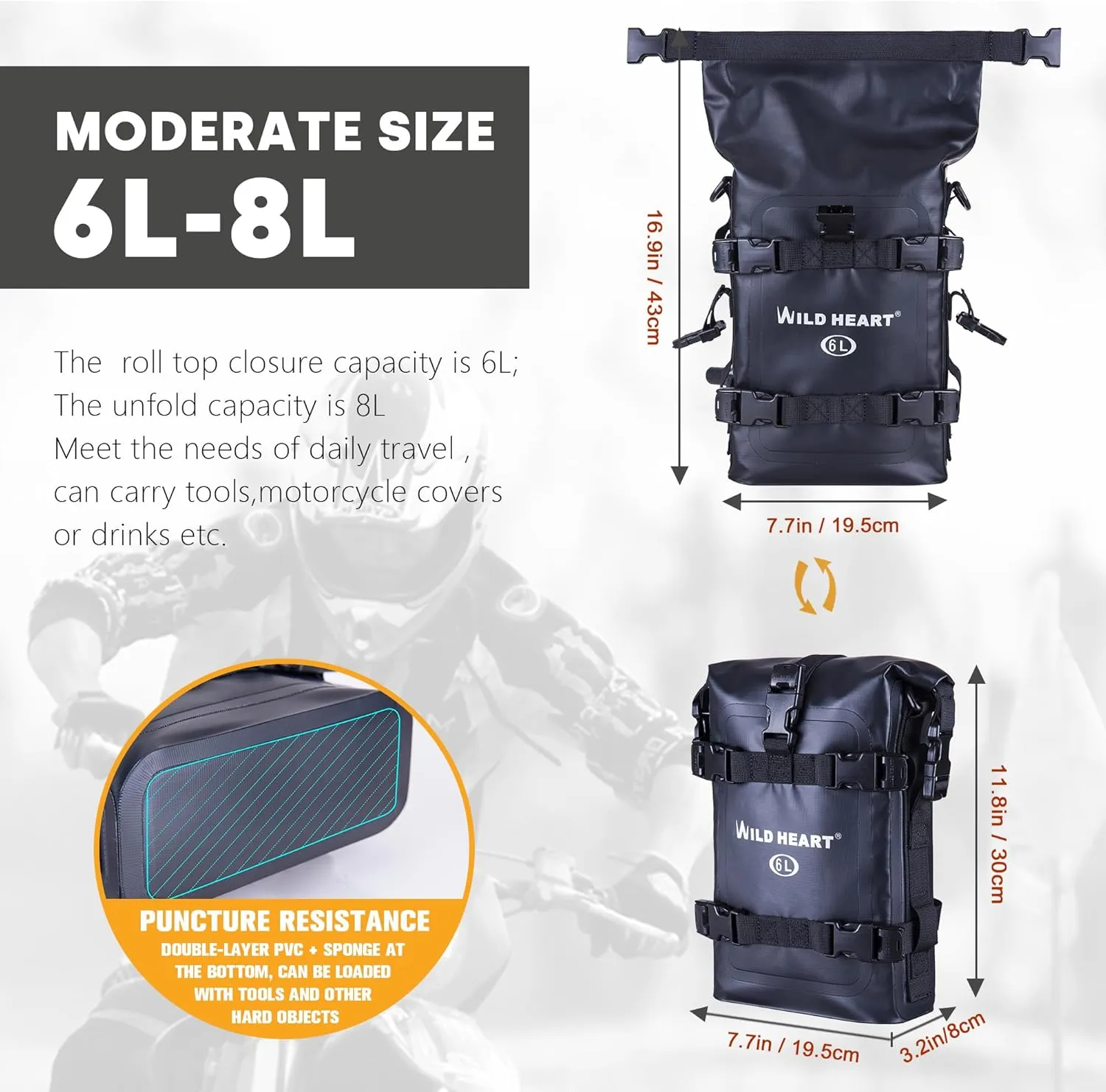 WILD HEART Waterproof Crash Bar Bags 6L/8L/15L Motorcycle Bag used as Motorcycle Luggage Sissy Bar Back Seat Saddle Rack Rear Fender Pouch Dirt Bike Gear Side Tool Bag Pack for moto ATV
