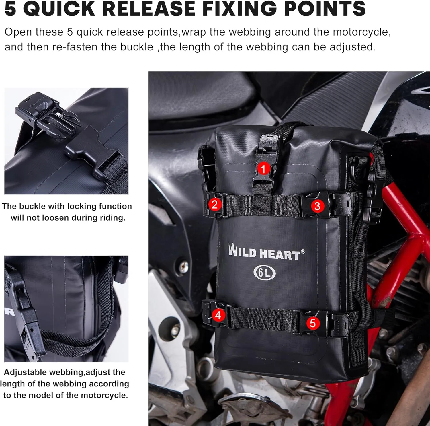 WILD HEART Waterproof Crash Bar Bags 6L/8L/15L Motorcycle Bag used as Motorcycle Luggage Sissy Bar Back Seat Saddle Rack Rear Fender Pouch Dirt Bike Gear Side Tool Bag Pack for moto ATV