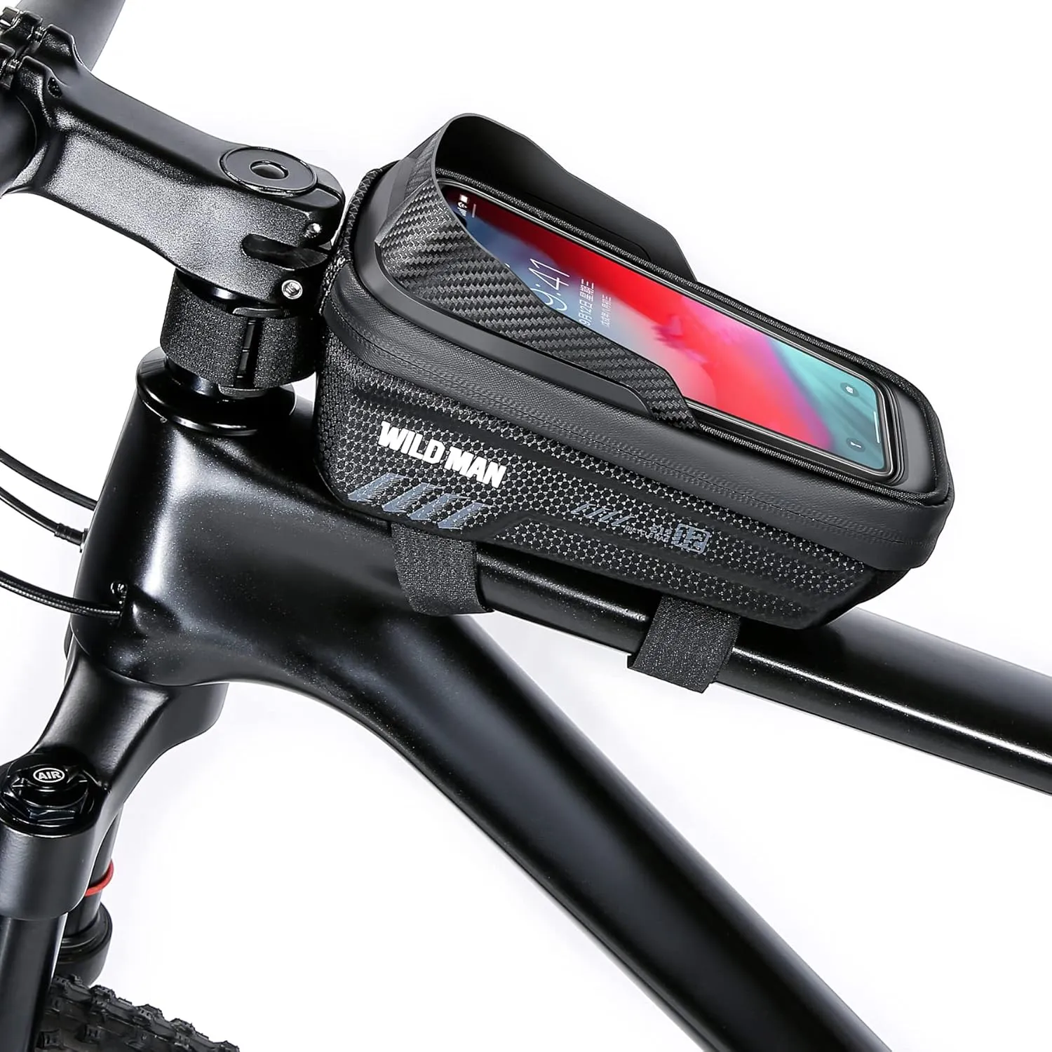 WILD MAN 1L Waterproof Bike Frame Bag Touch Screen Bike Front Tube Bag for Mountain Road Bike MTB Cycling(E12,Black)