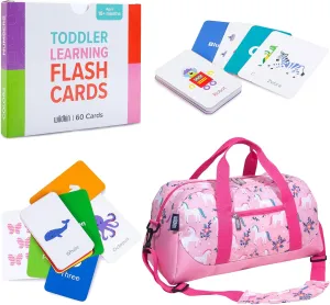 Wildkin Overnighter Duffel Bag and Learning Flash Cards Bundle: Fun Playtime Duo - Ignite Knowledge and Carry Comfort in One (Magical Unicorns)