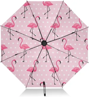 Windproof Travel Umbrella Pink Flamingo Portable Inverted Compact Umbrella for Rain Sun 8 Ribs Large UV Umbrella Automatic for Women Men