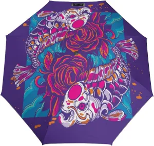 Windproof Travel Umbrellas for Rain,Japanese Koi Fish Flowers Durable & Compact Umbrella-Waterproof Canopy for Backpack, Purse, Portable, Umbrella for Travel