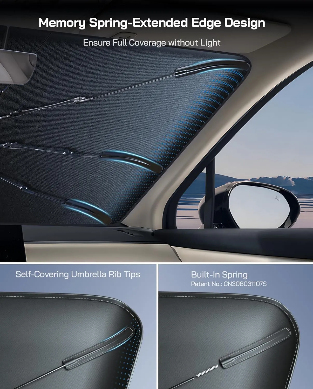 Windshield Sun Shade Umbrella for Chevrolet Suburban/Tahoe 2021-2024, GMC Yukon 2021-2023, Cadillac Escalade 2021-2023. Foldable Umbrella Sunshade with Silver Heat Shield UDS