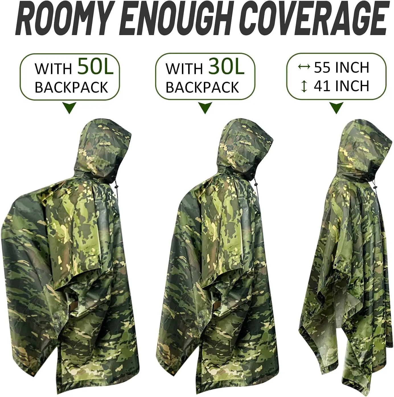 WINWAY Military Style Poncho Multi Use Rip-Stop Camouflage Raincoat