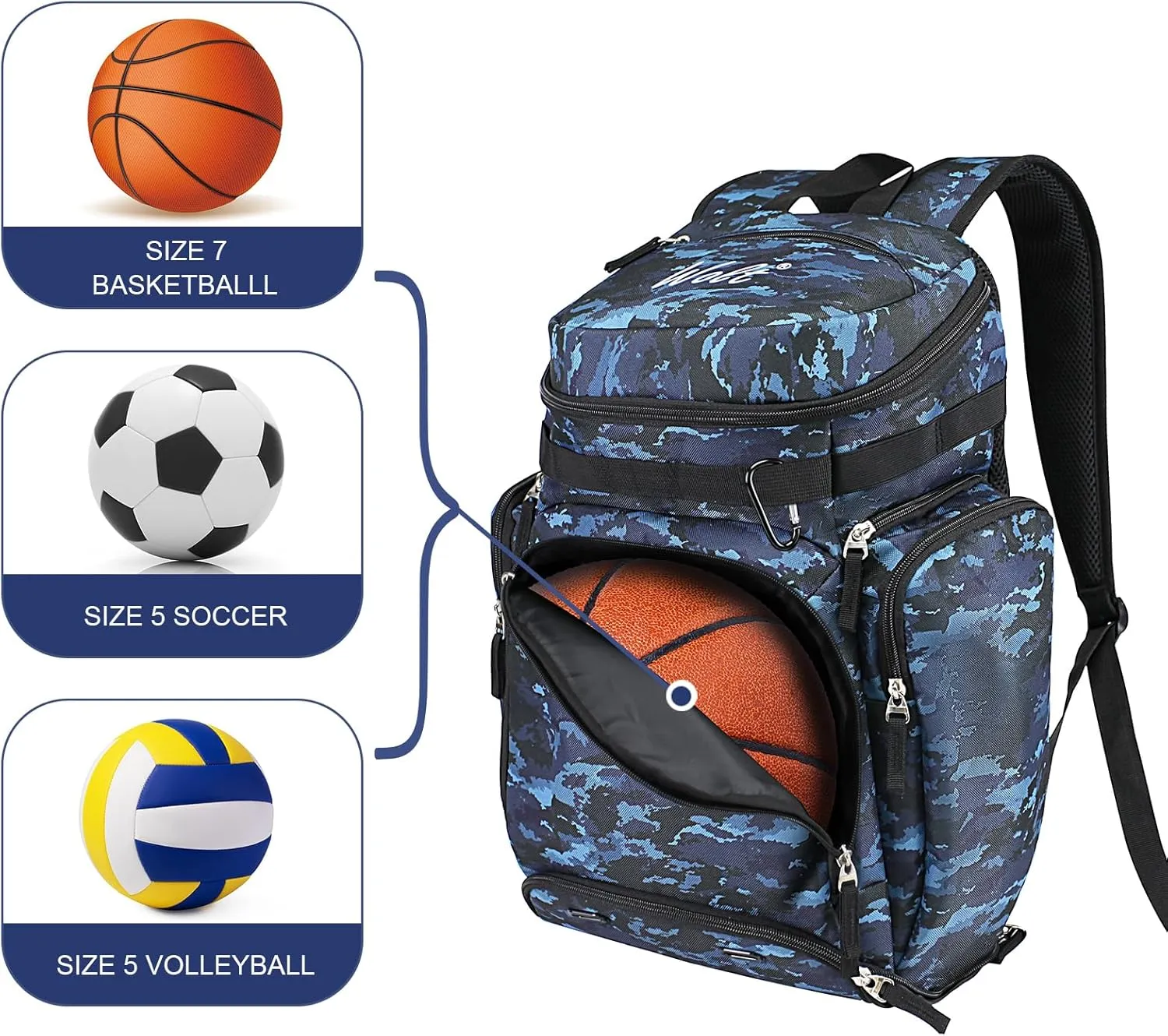 WOLT Basketball Backpack Bag with Separate Ball Compartment and Shoes Pocket，Large Sports Equipment Bag for Basketball, Soccer, Rugby, Volleyball, Baseball Sport Backpack Bag