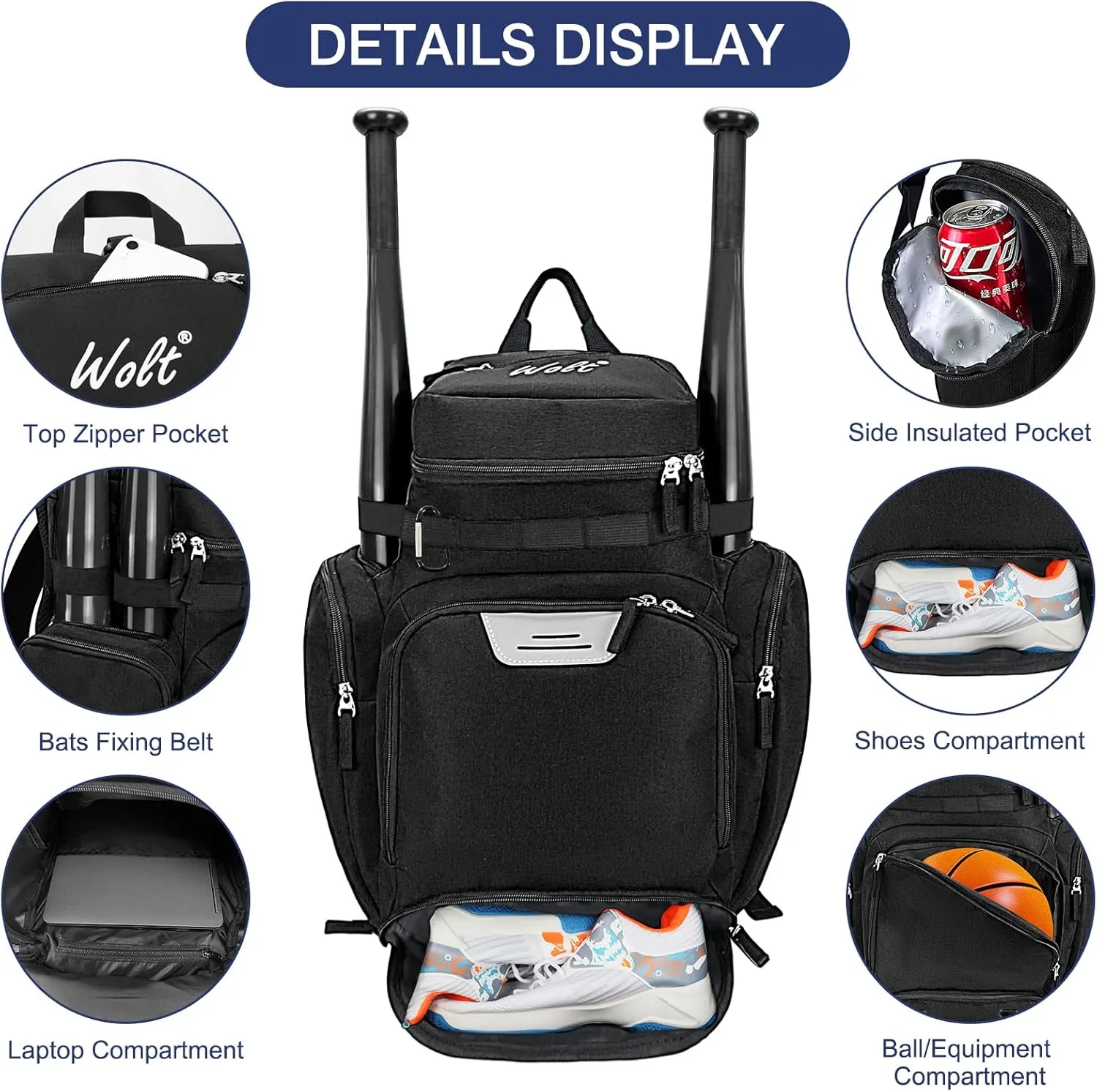 WOLT Basketball Backpack Bag with Separate Ball Compartment and Shoes Pocket，Large Sports Equipment Bag for Basketball, Soccer, Rugby, Volleyball, Baseball Sport Backpack Bag