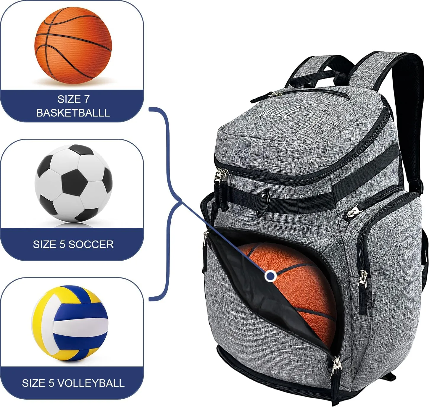 WOLT Basketball Backpack Bag with Separate Ball Compartment and Shoes Pocket，Large Sports Equipment Bag for Basketball, Soccer, Rugby, Volleyball, Baseball Sport Backpack Bag