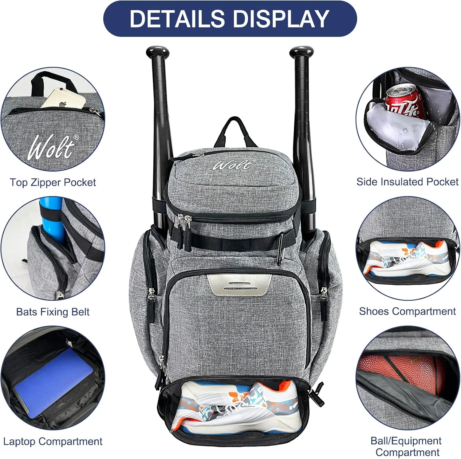 WOLT Basketball Backpack Bag with Separate Ball Compartment and Shoes Pocket，Large Sports Equipment Bag for Basketball, Soccer, Rugby, Volleyball, Baseball Sport Backpack Bag