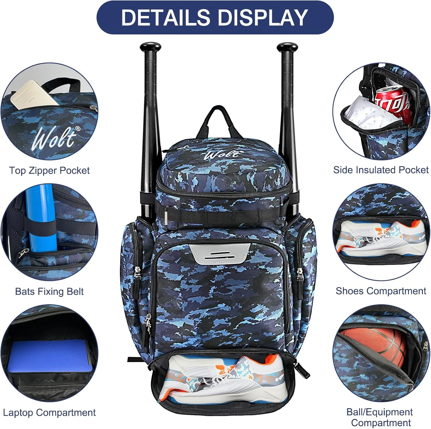 WOLT Basketball Backpack Bag with Separate Ball Compartment and Shoes Pocket，Large Sports Equipment Bag for Basketball, Soccer, Rugby, Volleyball, Baseball Sport Backpack Bag