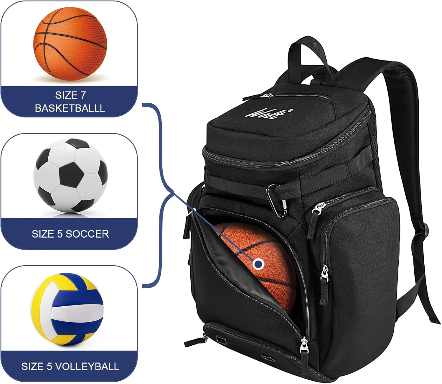 WOLT Basketball Backpack Bag with Separate Ball Compartment and Shoes Pocket，Large Sports Equipment Bag for Basketball, Soccer, Rugby, Volleyball, Baseball Sport Backpack Bag