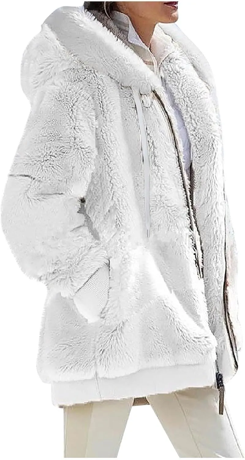 Womens Oversized Zip Up Coat Fuzzy Fleece Sherpa Jacket with Pockets Hoodie Outerwear Fall and Winter