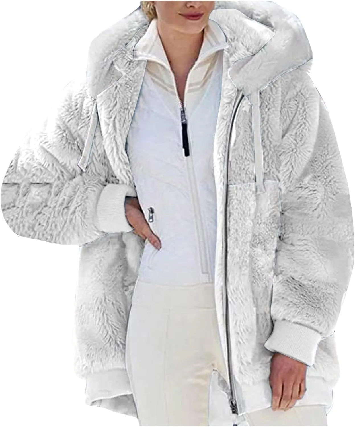 Womens Oversized Zip Up Coat Fuzzy Fleece Sherpa Jacket with Pockets Hoodie Outerwear Fall and Winter