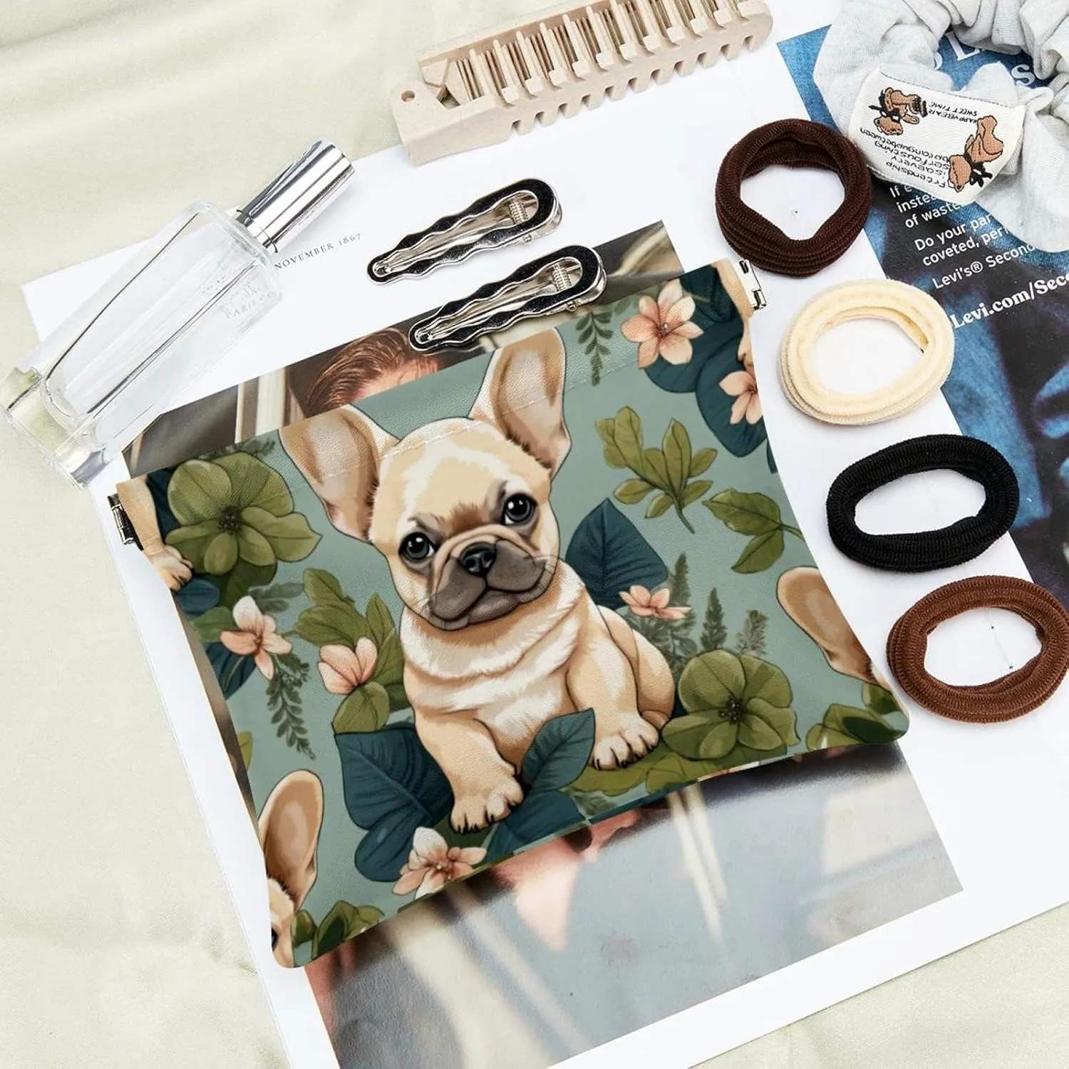 Women’s Pocket Cosmetic Bags, Waterproof Leather Makeup Bag No Zipper Self-Closing Makeup Pouch for Girls, Mini Bag for Purse - French Bulldog Puppy Pattern