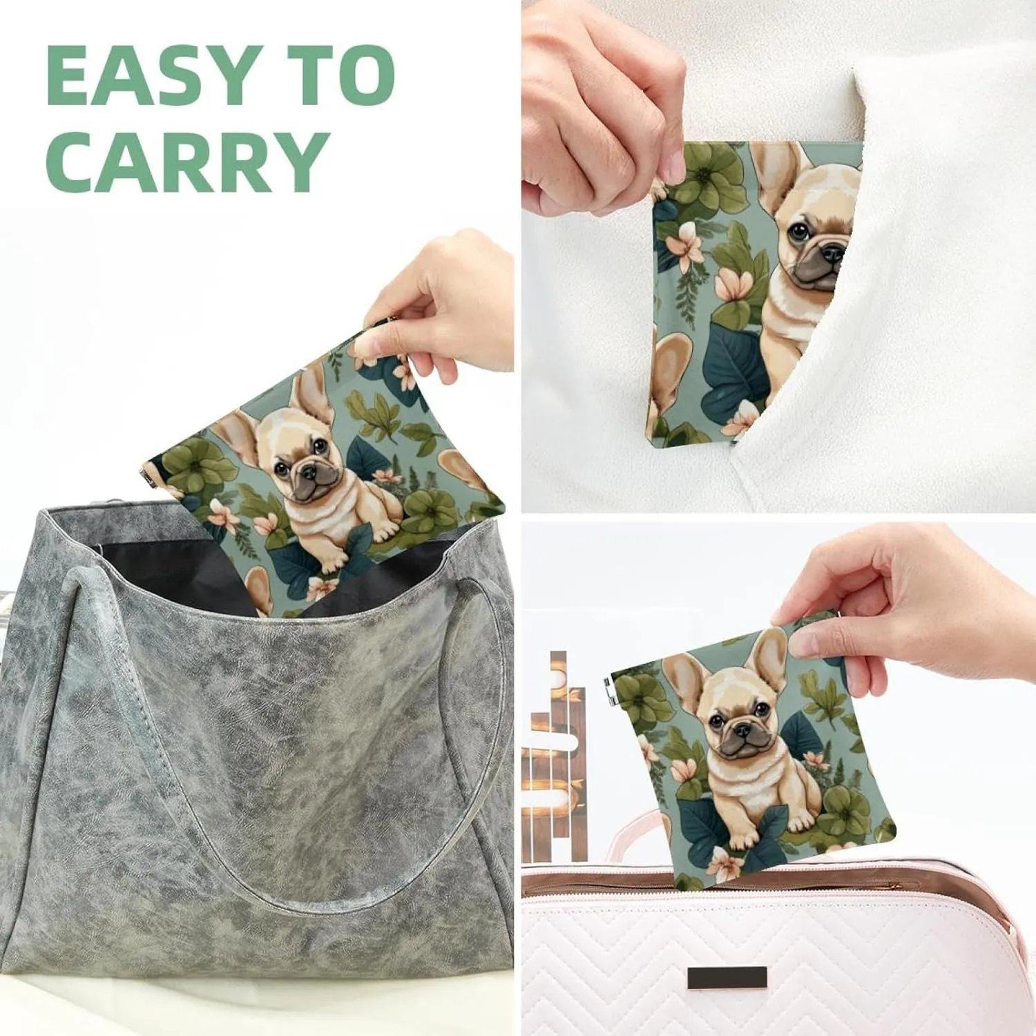 Women’s Pocket Cosmetic Bags, Waterproof Leather Makeup Bag No Zipper Self-Closing Makeup Pouch for Girls, Mini Bag for Purse - French Bulldog Puppy Pattern