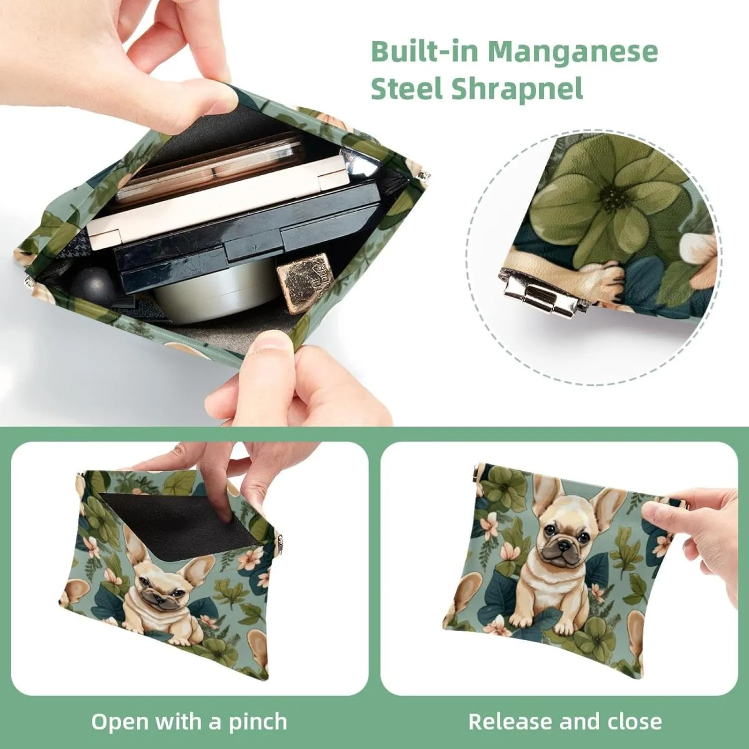 Women’s Pocket Cosmetic Bags, Waterproof Leather Makeup Bag No Zipper Self-Closing Makeup Pouch for Girls, Mini Bag for Purse - French Bulldog Puppy Pattern