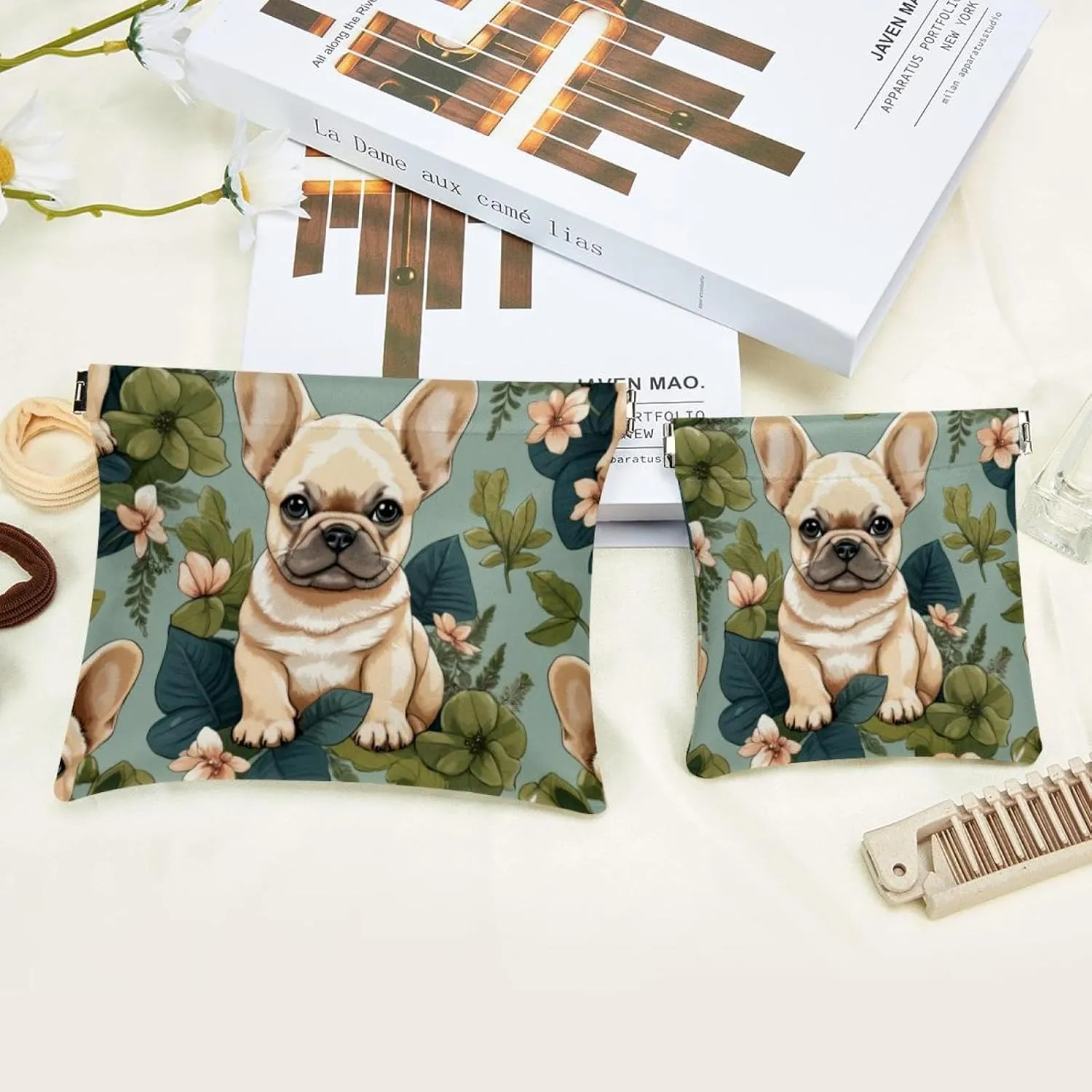 Women’s Pocket Cosmetic Bags, Waterproof Leather Makeup Bag No Zipper Self-Closing Makeup Pouch for Girls, Mini Bag for Purse - French Bulldog Puppy Pattern