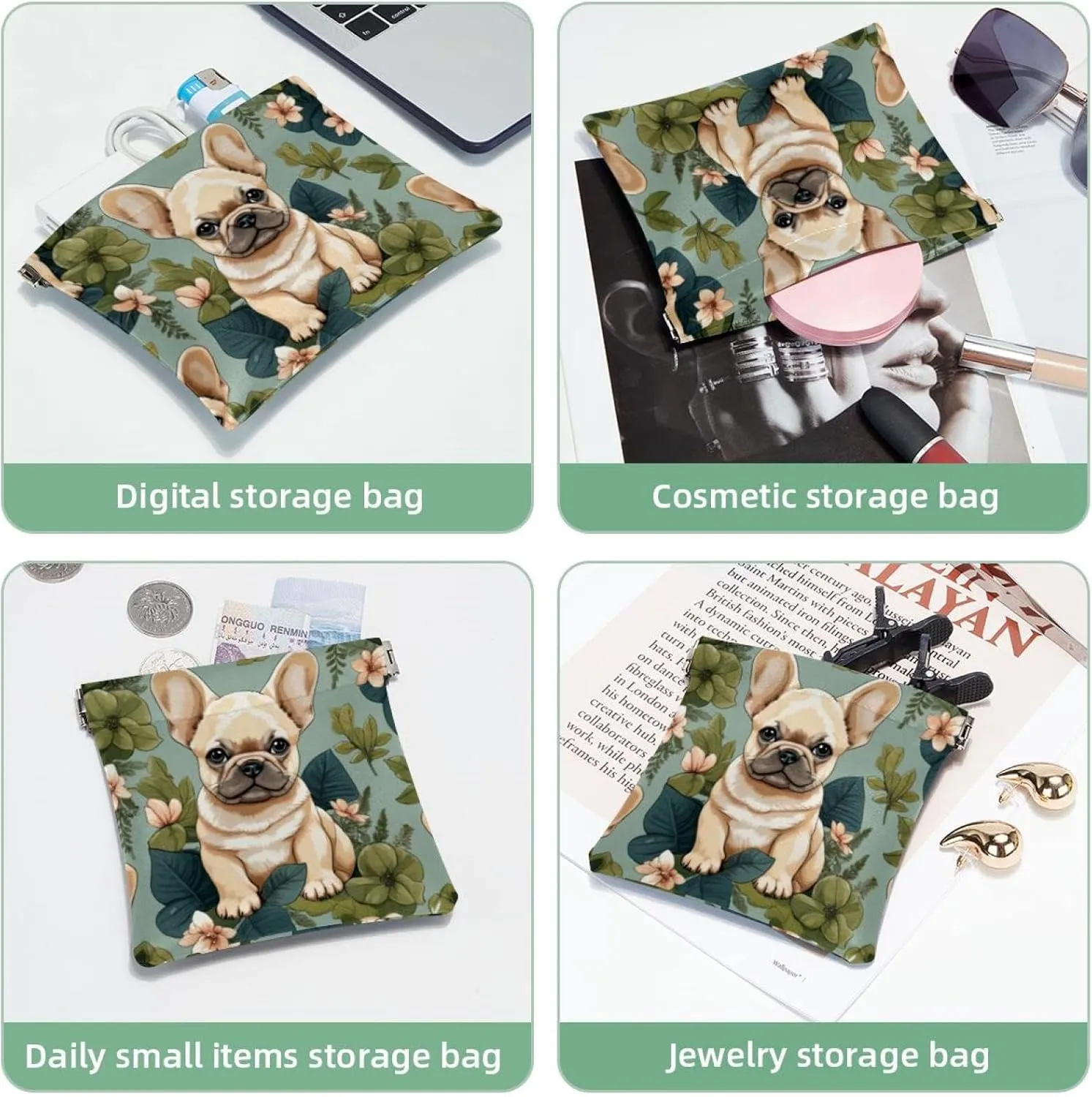Women’s Pocket Cosmetic Bags, Waterproof Leather Makeup Bag No Zipper Self-Closing Makeup Pouch for Girls, Mini Bag for Purse - French Bulldog Puppy Pattern