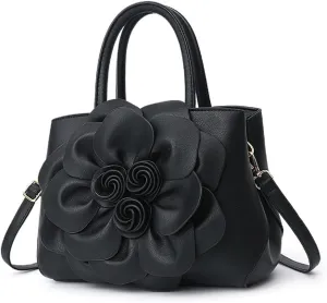 Womens PU Leather Handbags Purses Top-handle Totes Satchel Shoulder Bag for Ladies with Big flower（Pink）