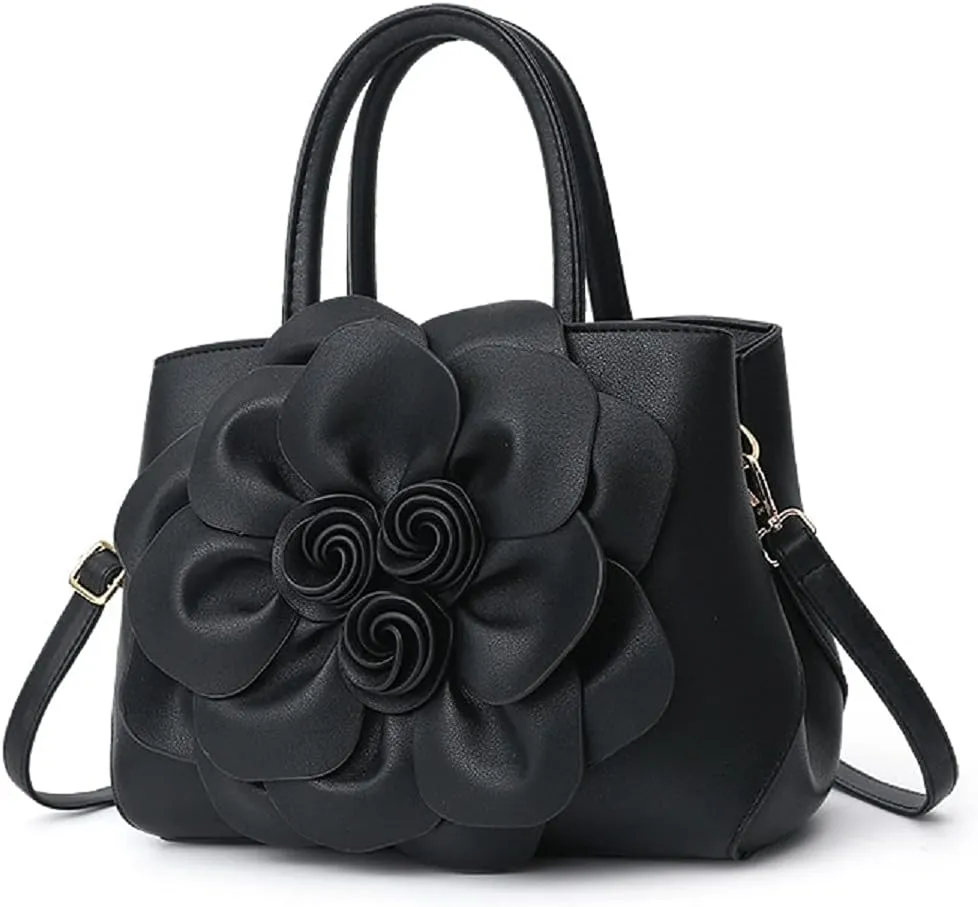 Womens PU Leather Handbags Purses Top-handle Totes Satchel Shoulder Bag for Ladies with Big flower（Pink）