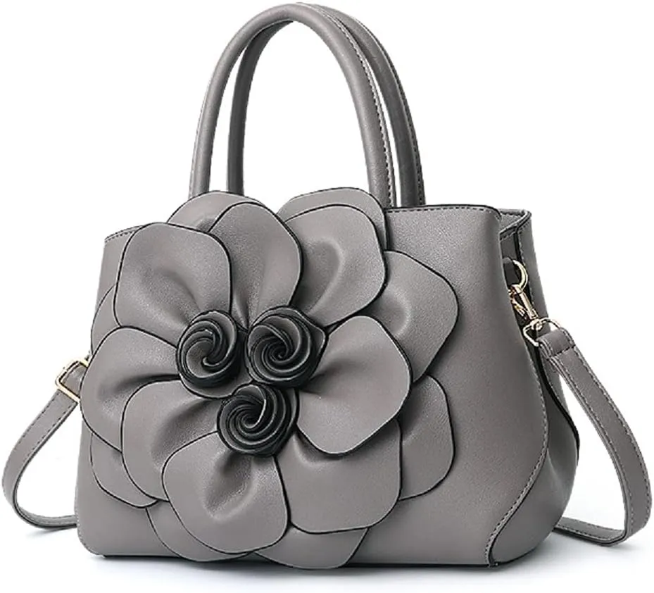 Womens PU Leather Handbags Purses Top-handle Totes Satchel Shoulder Bag for Ladies with Big flower（Pink）
