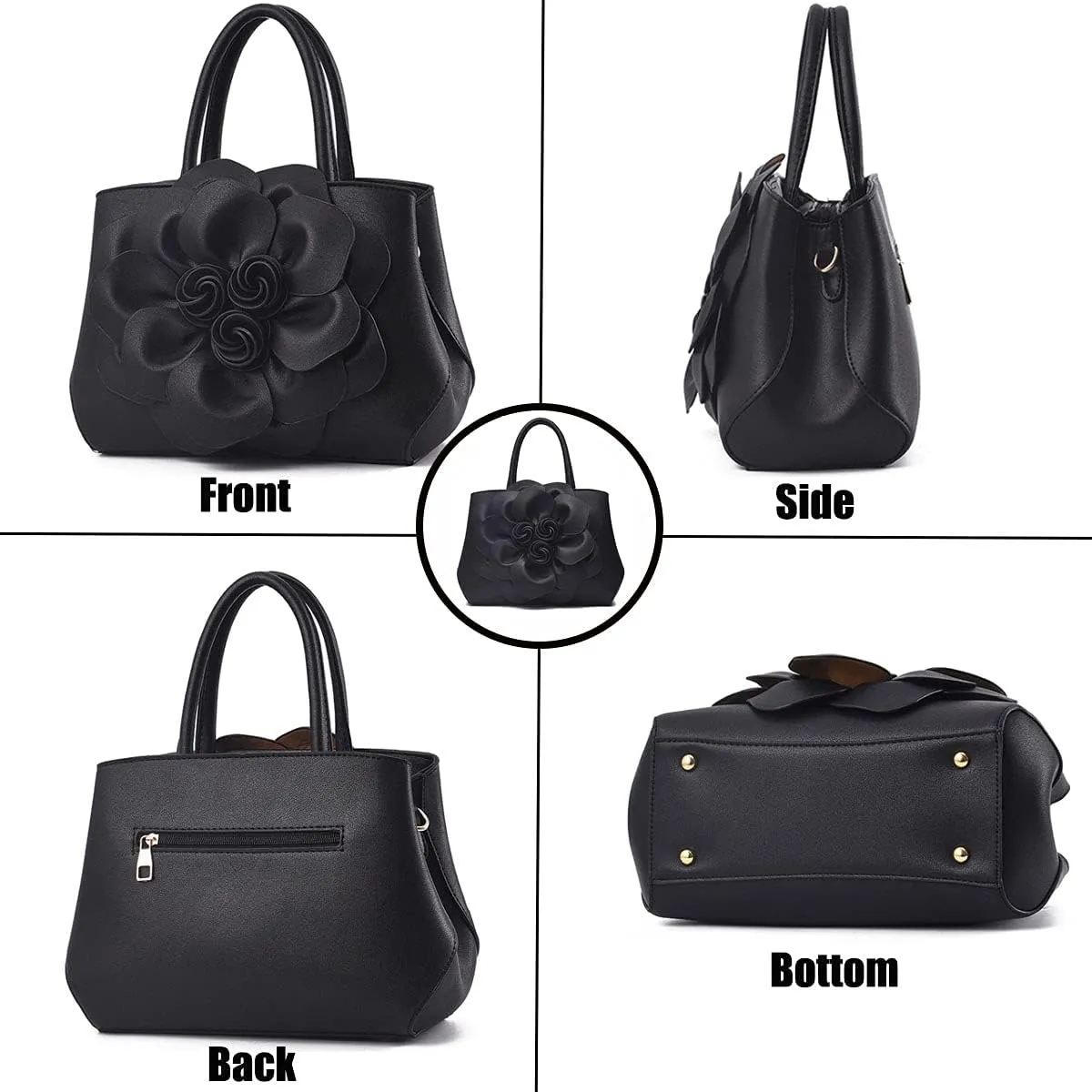 Womens PU Leather Handbags Purses Top-handle Totes Satchel Shoulder Bag for Ladies with Big flower（Pink）