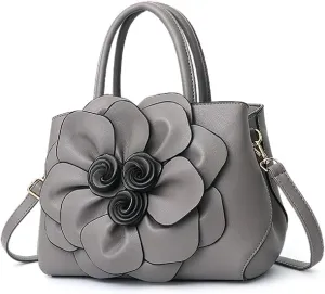 Womens PU Leather Handbags Purses Top-handle Totes Satchel Shoulder Bag for Ladies with Big flower（Pink）