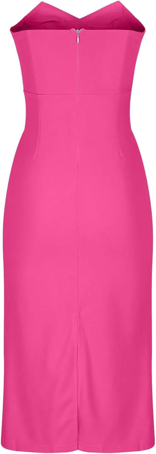 Women's Sexy Slim Party Dress Solid Color V-Neck Strapless Midi Dress Pleated Split Fashion Dresses