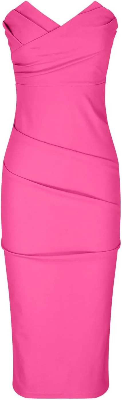 Women's Sexy Slim Party Dress Solid Color V-Neck Strapless Midi Dress Pleated Split Fashion Dresses