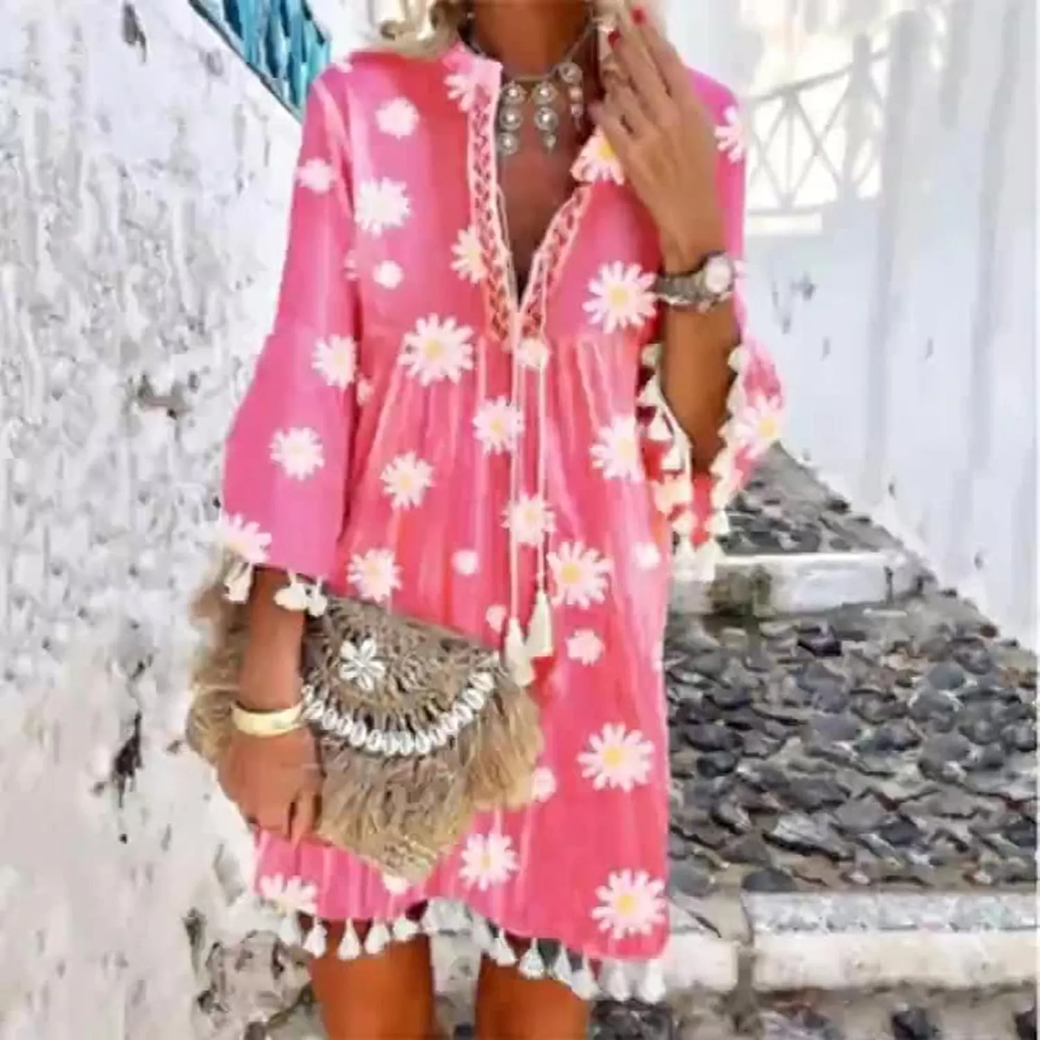 Womens Summer Casual V-Neck 3/4 Sleeve Sundress Boho Print Hawaiian Beach Dress Flowy Swing Vacation Mini Dress