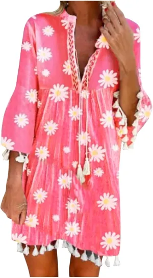 Womens Summer Casual V-Neck 3/4 Sleeve Sundress Boho Print Hawaiian Beach Dress Flowy Swing Vacation Mini Dress