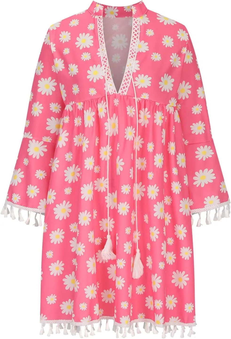Womens Summer Casual V-Neck 3/4 Sleeve Sundress Boho Print Hawaiian Beach Dress Flowy Swing Vacation Mini Dress