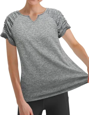 Women's Yoga Top Short Sleeve V-Neck Pleated Shirt Loose fit Athletic Moisture Wicking Casual Tunic Summer Top