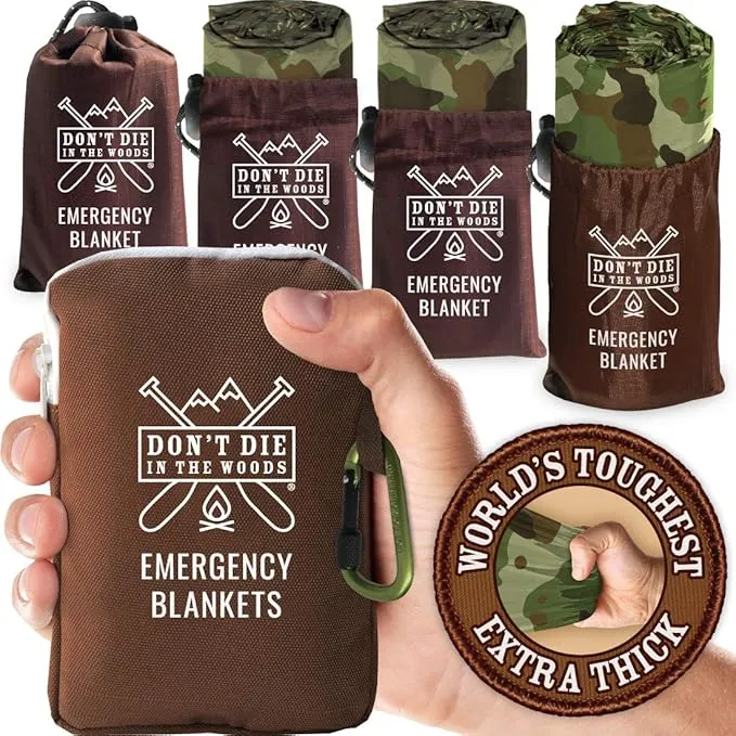 World’s Toughest Emergency Blankets [4-Pack] Extra-Thick Thermal Mylar Foil Space Blanket | Waterproof Ultralight Outdoor Survival Gear For Hiking, Camping, Running, Emergency, First Aid Kits [Camo]