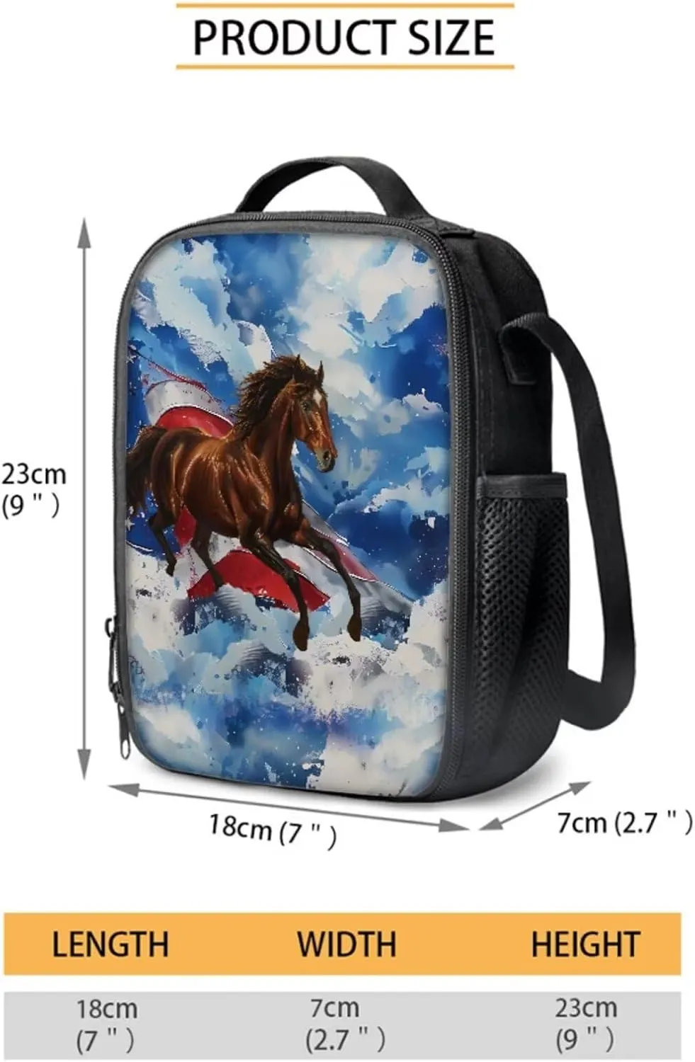 Xoenoiee American Flag and Horse Pattern Backpack Set with 17in Backpack Lunch Bag & Pencil Case, Schoolbag Sets for Boy Girl Students for School Travel Picnic