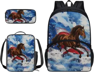 Xoenoiee American Flag and Horse Pattern Backpack Set with 17in Backpack Lunch Bag & Pencil Case, Schoolbag Sets for Boy Girl Students for School Travel Picnic