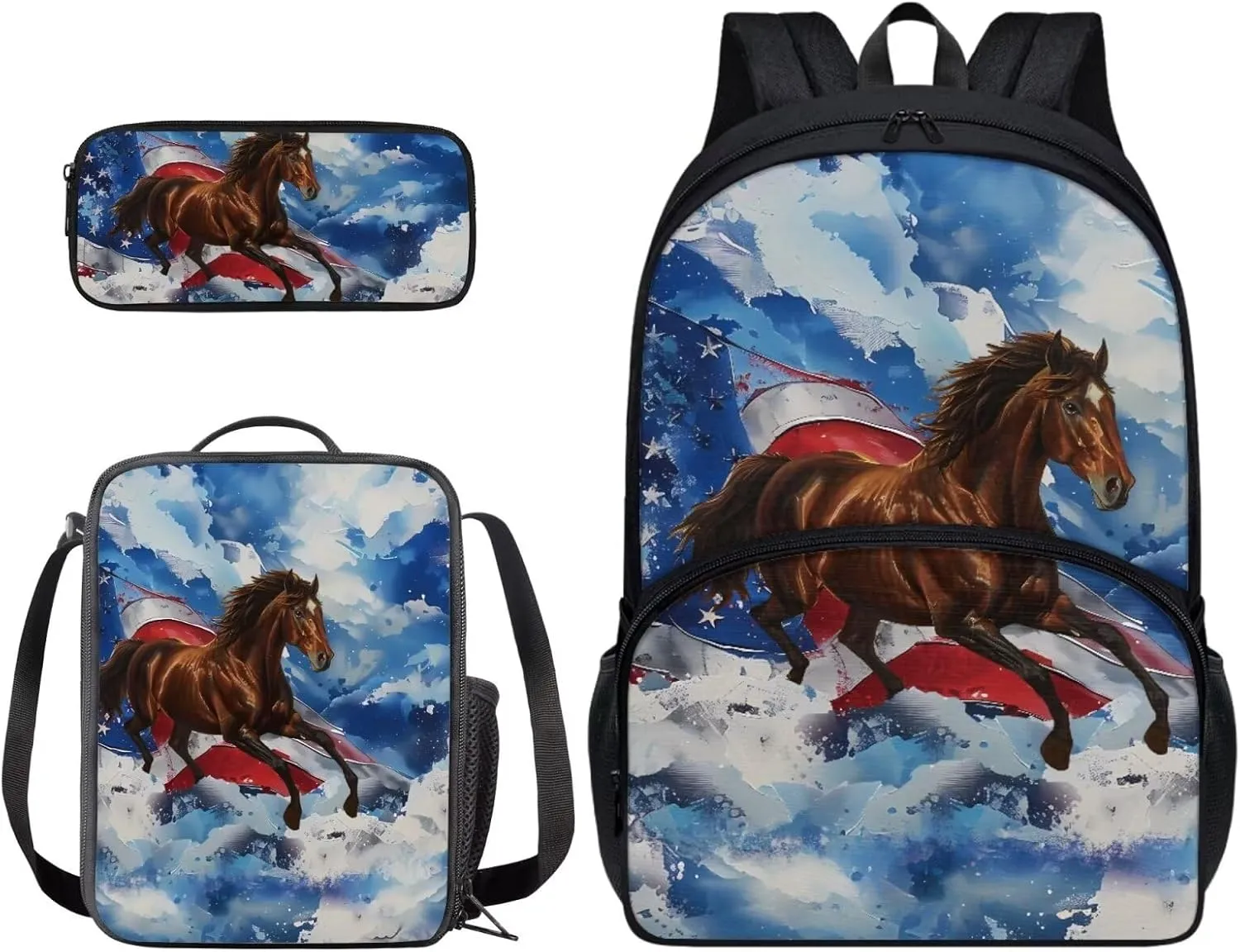 Xoenoiee American Flag and Horse Pattern Backpack Set with 17in Backpack Lunch Bag & Pencil Case, Schoolbag Sets for Boy Girl Students for School Travel Picnic